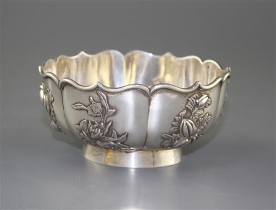 A late 19th/early 20th century Chinese Export white metal bowl, by Zee Wo, decorated with various fruit and flowers, 11.4cm, 5.5oz.